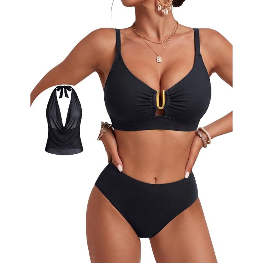 Blooming Jelly 3 Piece Black Bikini Set U-Wire Swim Suit Mesh Cover Up Mid-Rise